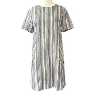 Paper Crane Blue White Striped Linen Blend Dress Womens L Shift 60s Style Retro